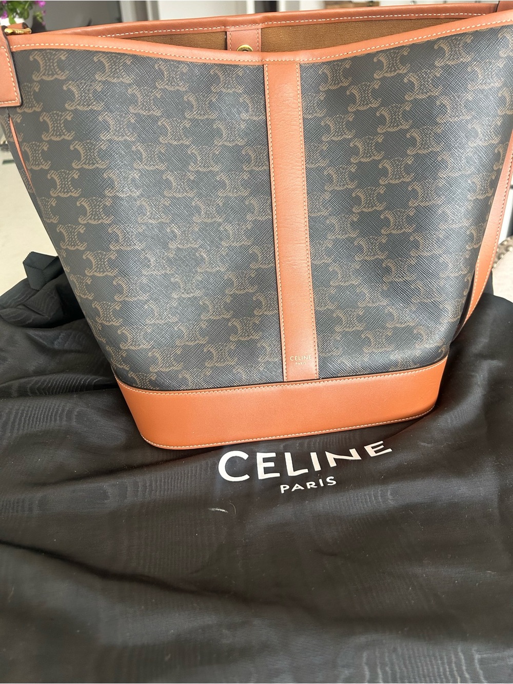 Celine 2022 Brown Canvas/Leather Triomphe Medium Bucket Bag ( NO OFFERS)